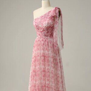 BRAND NEW: Red A Line One Shoulder Floor Length Print Tulle Dress